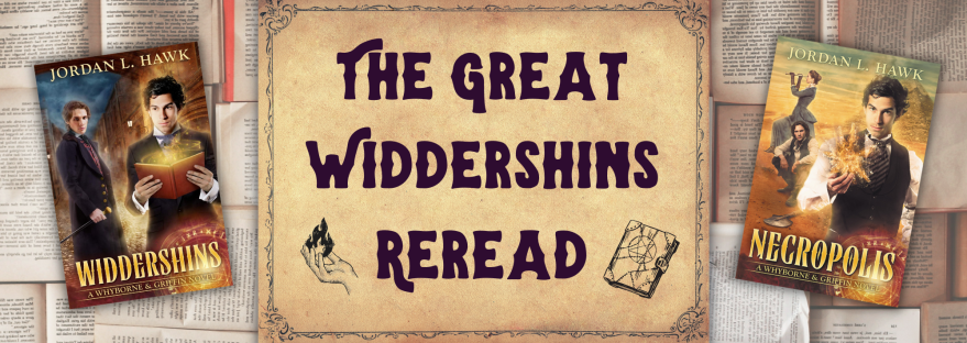 A graphic reading "The Great Widdershins Reread" with an illustrated flaming hand and grimoire at the bottom of the text.